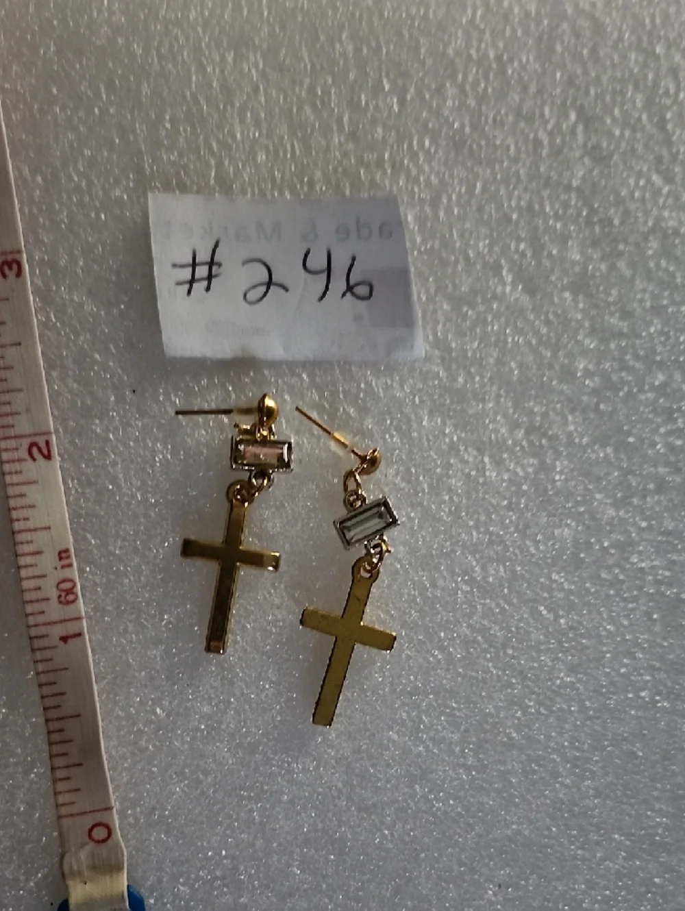 Hand Crafted Gold Cross Drop Earrings with Clear Stone